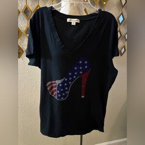 Zenana Outfitters Black V-Neck Top with Rhinestone Shoe Design